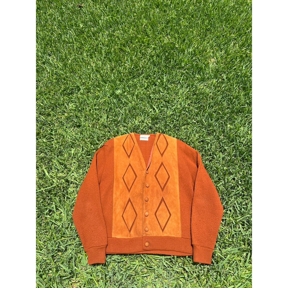 Vintage Sportswear Cardigan 1960s Men Large Orange Diamonds Atomic MCM RARE